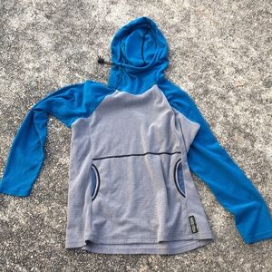 Older Melanzana fleece in blue and gray